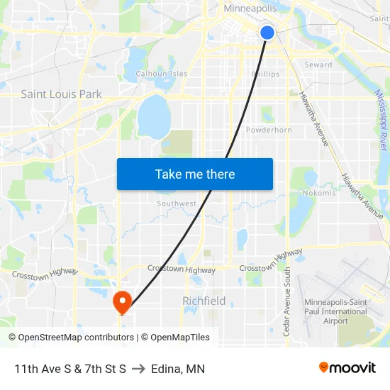 11th Ave S & 7th St S to Edina, MN map