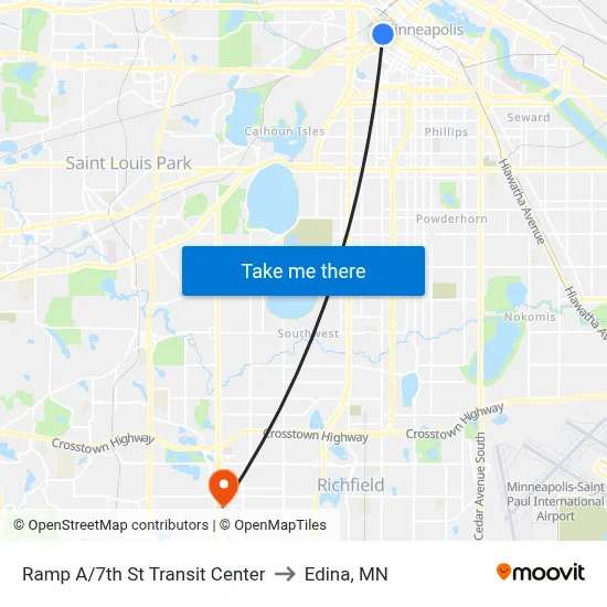 Ramp A/7th St Transit Center to Edina, MN map