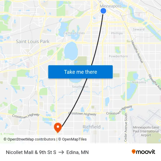 Nicollet Mall & 9th St S to Edina, MN map