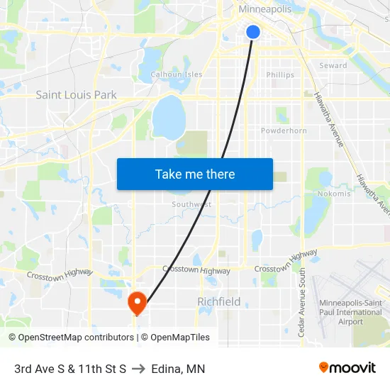 3rd Ave S & 11th St S to Edina, MN map