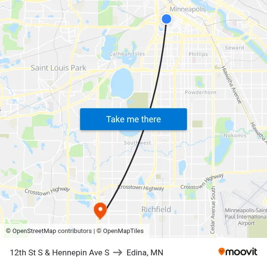 12th St S & Hennepin Ave S to Edina, MN map