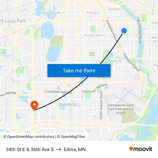 34th St E & 36th Ave S to Edina, MN map
