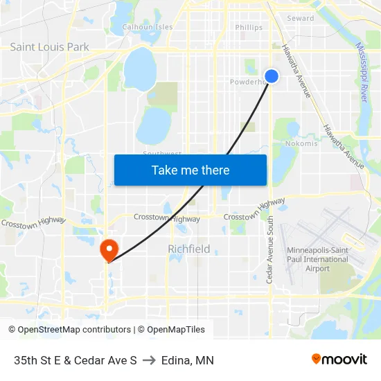 35th St E & Cedar Ave S to Edina, MN map