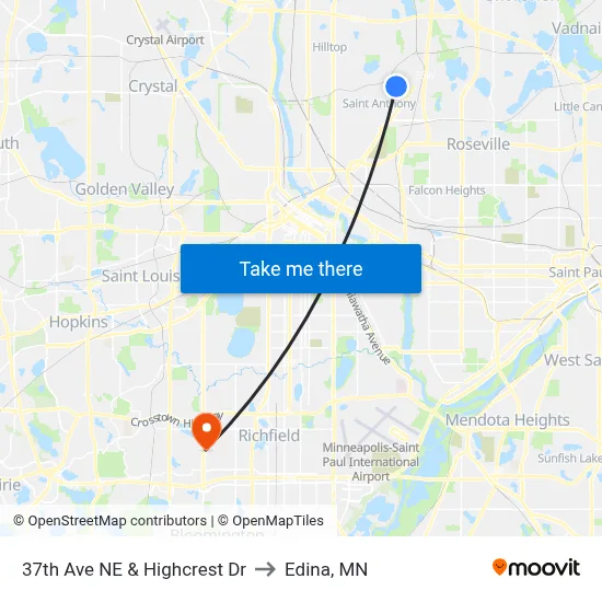 37th Ave NE & Highcrest Dr to Edina, MN map