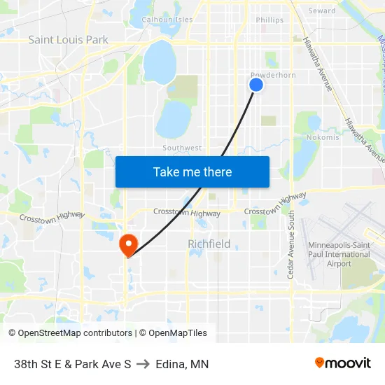 38th St E & Park Ave S to Edina, MN map