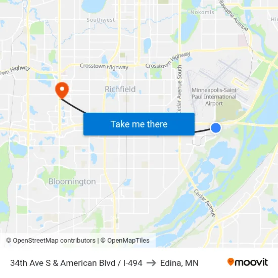 34th Ave S & American Blvd / I-494 to Edina, MN map