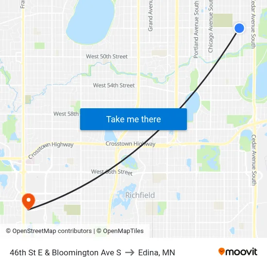46th St E & Bloomington Ave S to Edina, MN map