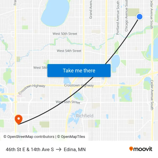46th St E & 14th Ave S to Edina, MN map