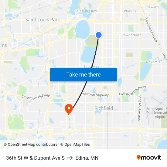 36th St W & Dupont Ave S to Edina, MN map