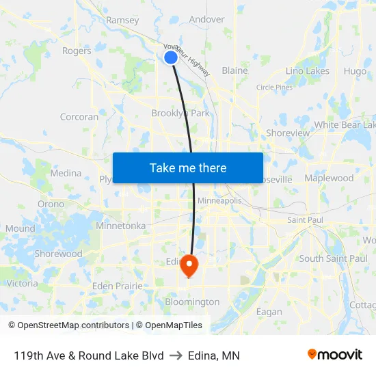 119th Ave & Round Lake Blvd to Edina, MN map