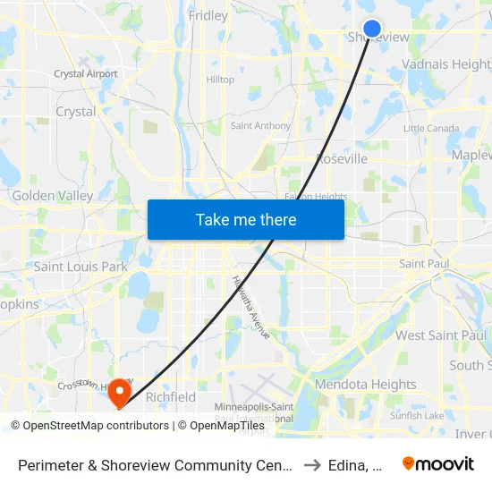 Perimeter & Shoreview Community Center to Edina, MN map