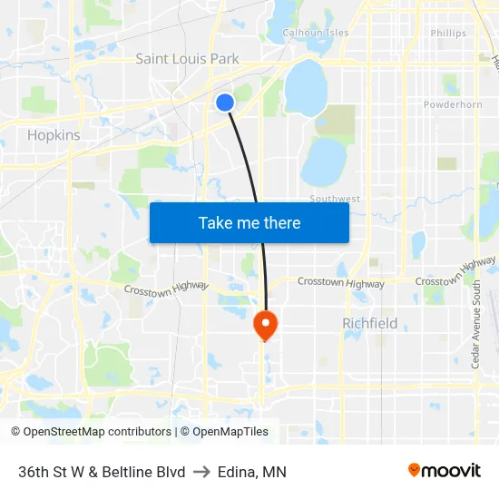 36th St W & Beltline Blvd to Edina, MN map