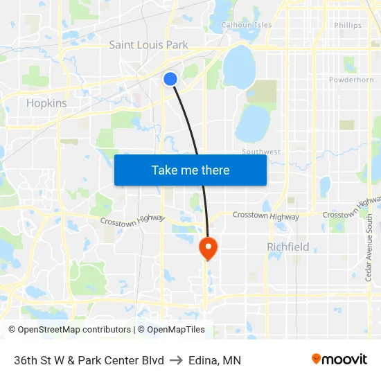 36th St W & Park Center Blvd to Edina, MN map