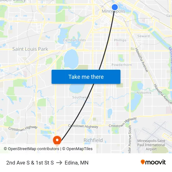 2nd Ave S & 1st St S to Edina, MN map