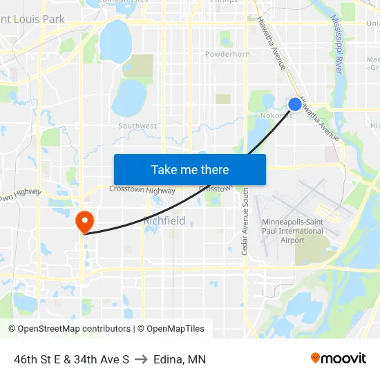 46th St E & 34th Ave S to Edina, MN map