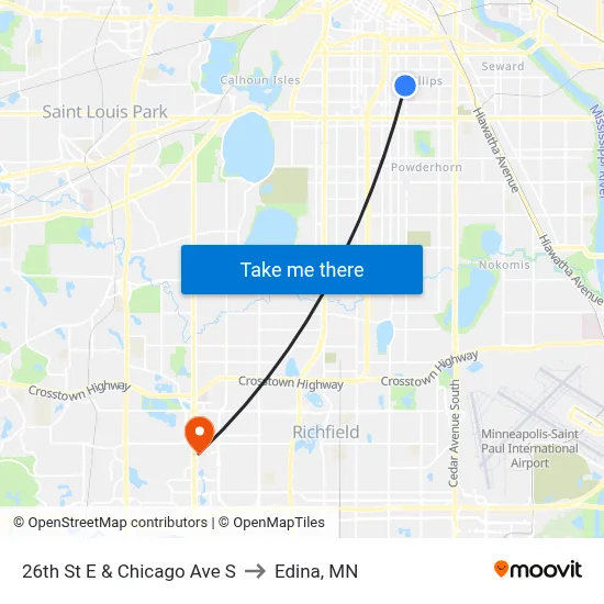 26th St E & Chicago Ave S to Edina, MN map