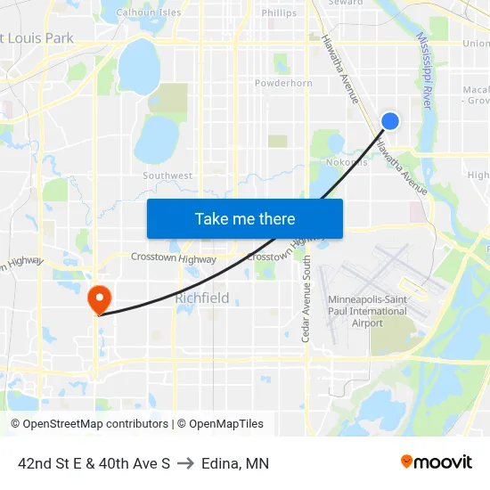 42nd St E & 40th Ave S to Edina, MN map