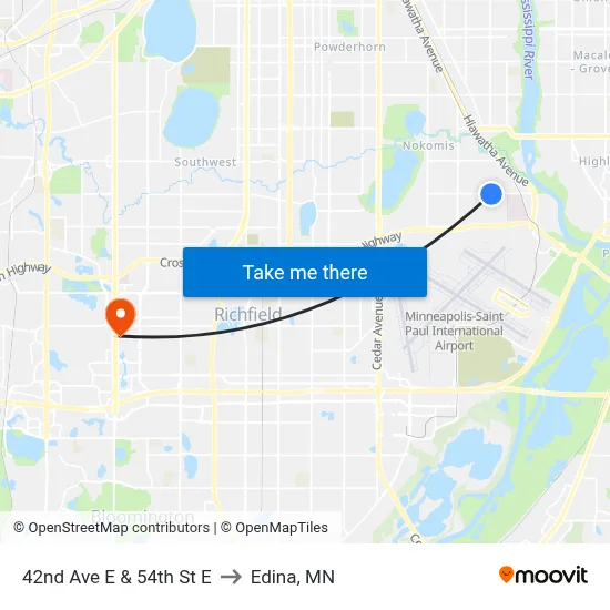 42nd Ave E & 54th St E to Edina, MN map