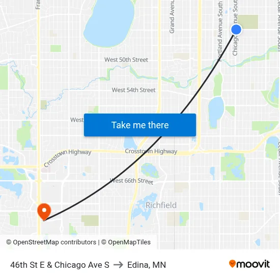 46th St E & Chicago Ave S to Edina, MN map