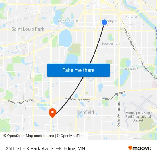 26th St E & Park Ave S to Edina, MN map