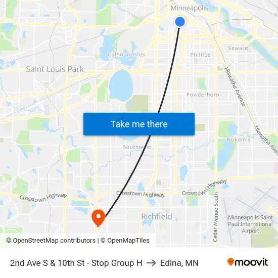 2nd Ave S & 10th St - Stop Group H to Edina, MN map
