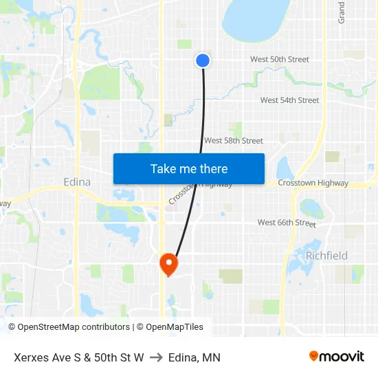 Xerxes Ave S & 50th St W to Edina, MN map