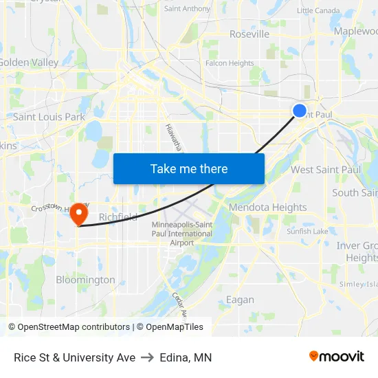 Rice St & University Ave to Edina, MN map