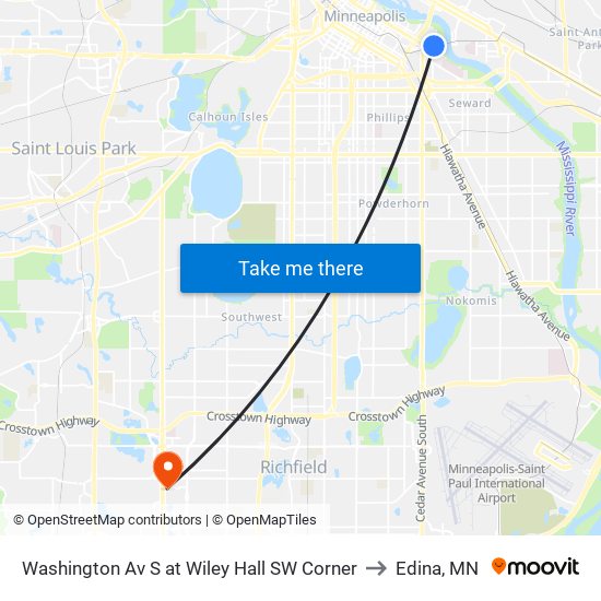 Washington Av S at Wiley Hall SW Corner to Edina, MN map