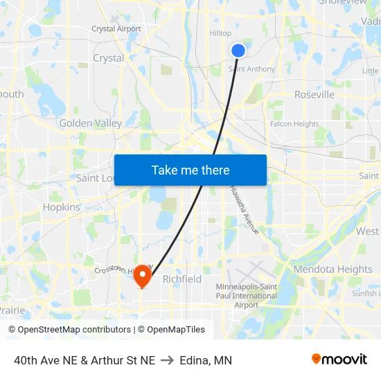 40th Ave NE & Arthur St NE to Edina, MN map