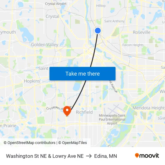 Washington St NE & Lowry Ave NE to Edina, MN map