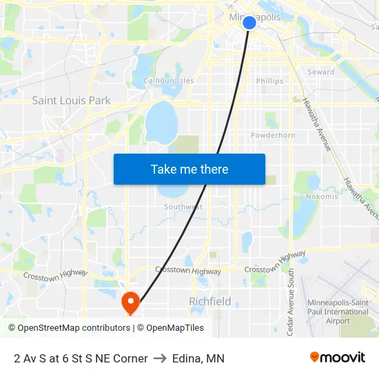 2 Av S at 6 St S NE Corner to Edina, MN map