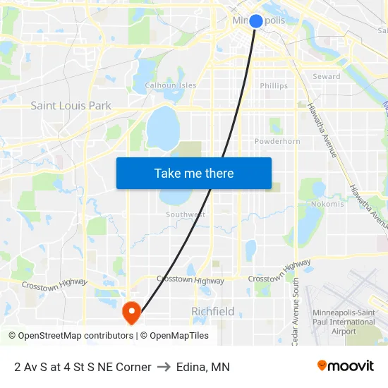 2 Av S at 4 St S NE Corner to Edina, MN map