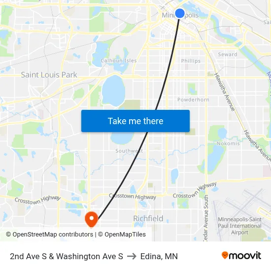 2nd Ave S & Washington Ave S to Edina, MN map