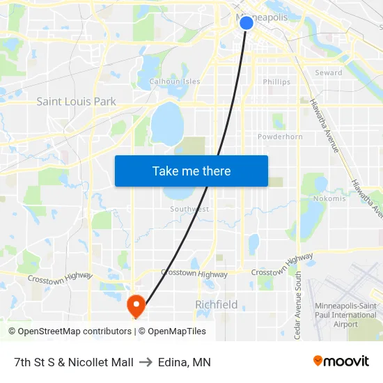 7th St S & Nicollet Mall to Edina, MN map