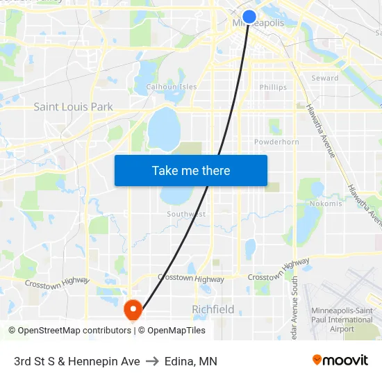 3rd St S & Hennepin Ave to Edina, MN map