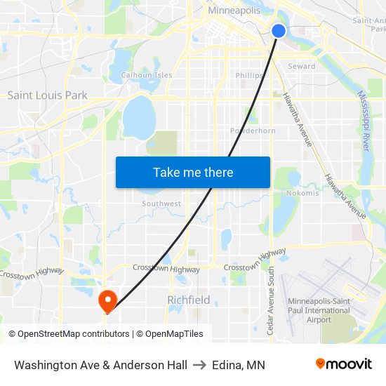 Washington Ave & Anderson Hall to Edina, MN map