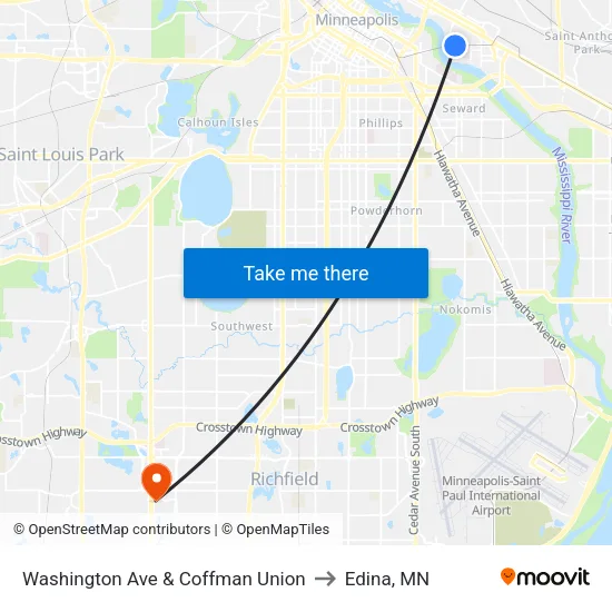 Washington Ave & Coffman Union to Edina, MN map