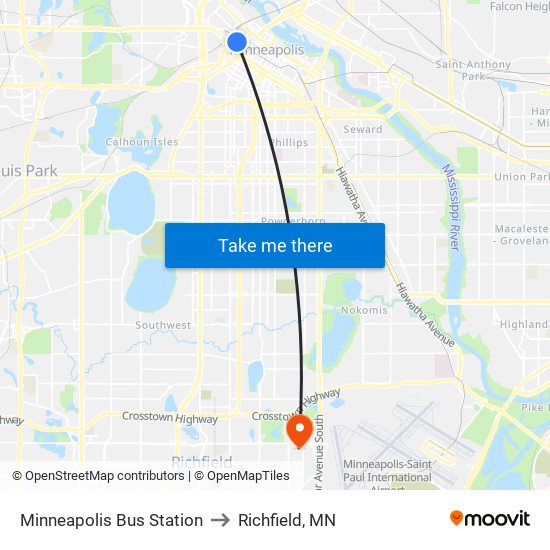 Minneapolis Bus Station to Richfield, MN map