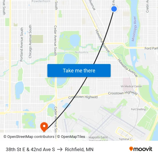 38th St E & 42nd Ave S to Richfield, MN map