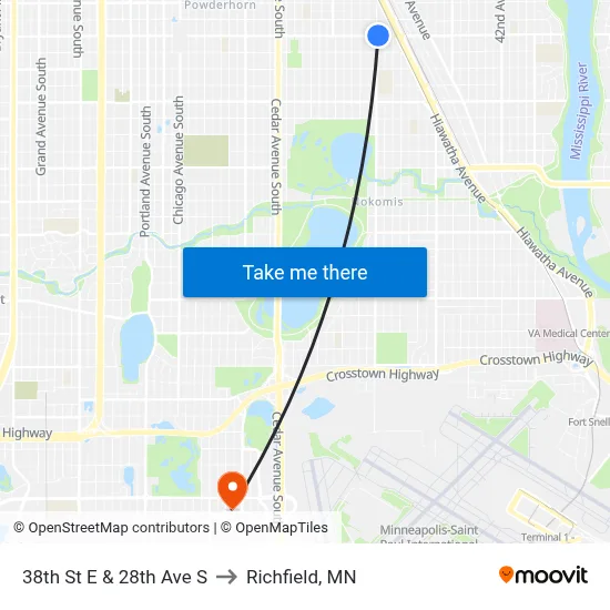 38th St E & 28th Ave S to Richfield, MN map