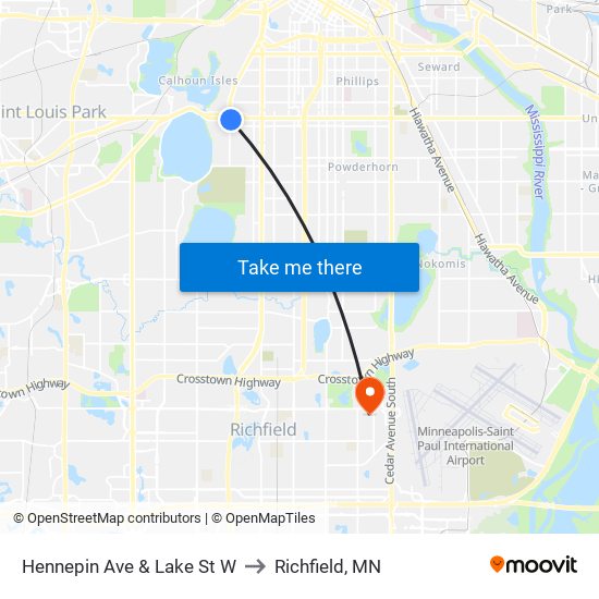 Hennepin Ave & Lake St W to Richfield, MN map