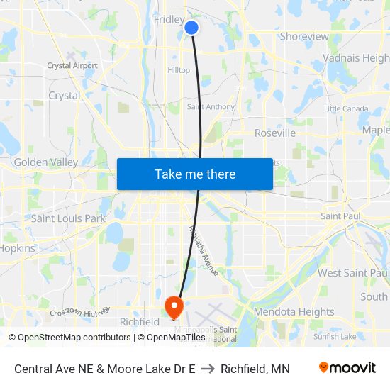 Central Ave NE & Moore Lake Dr E to Richfield, MN map