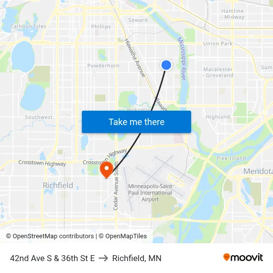 42nd Ave S & 36th St E to Richfield, MN map