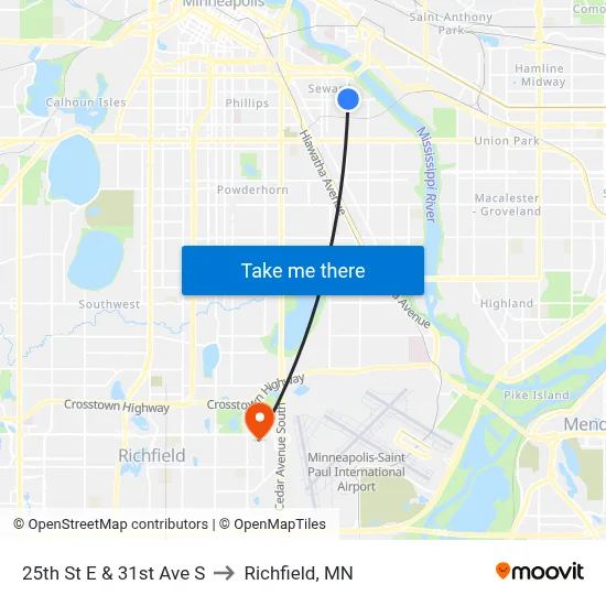 25th St E & 31st Ave S to Richfield, MN map