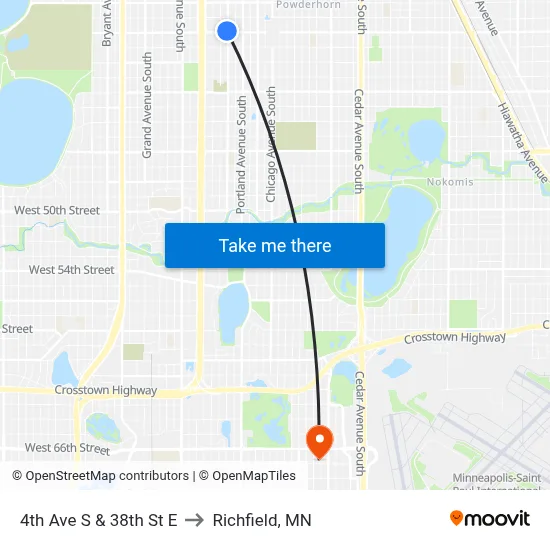 4th Ave S & 38th St E to Richfield, MN map
