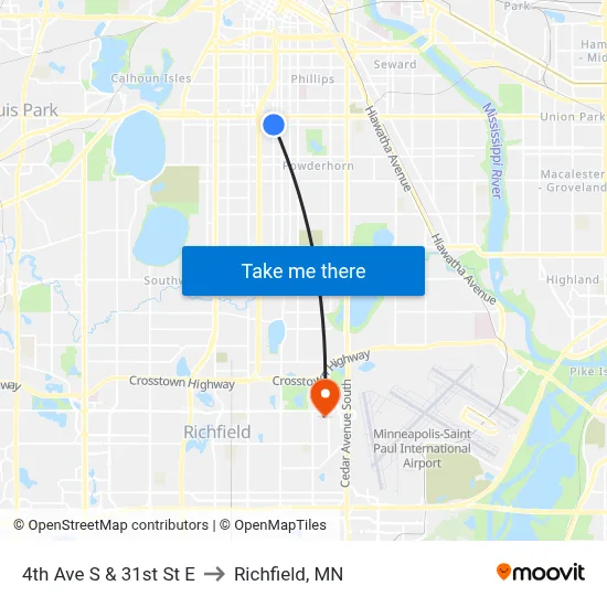 4th Ave S & 31st St E to Richfield, MN map