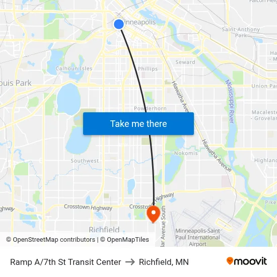 Ramp A/7th St Transit Center to Richfield, MN map