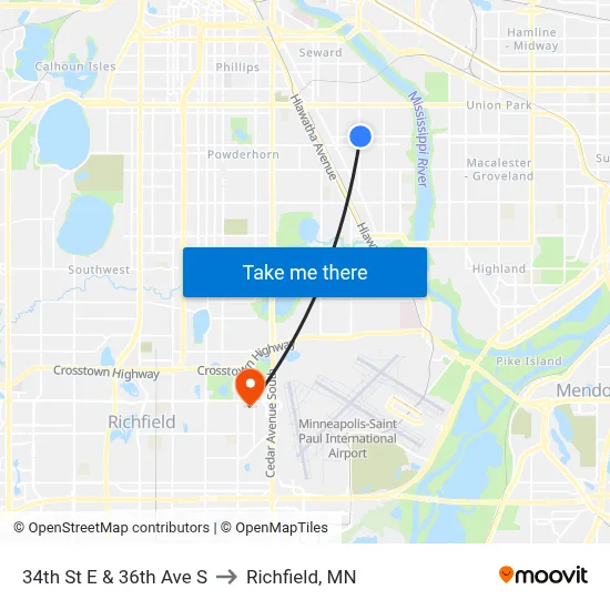 34th St E & 36th Ave S to Richfield, MN map