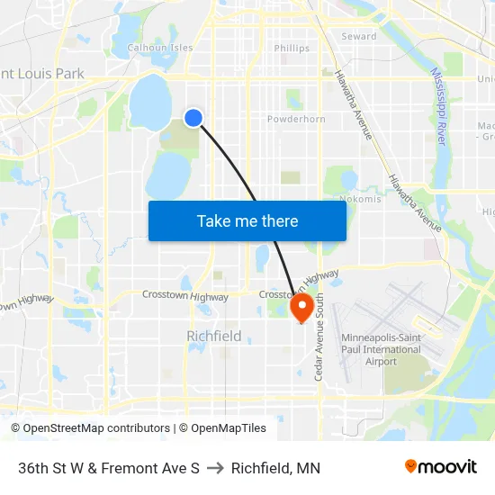 36th St W & Fremont Ave S to Richfield, MN map