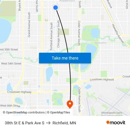 38th St E & Park Ave S to Richfield, MN map